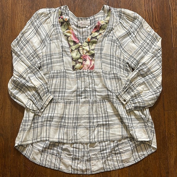 Anthropologie Boho Tiered Plaid Metallic Floral Darlene Blouse - Picture 2 of 6